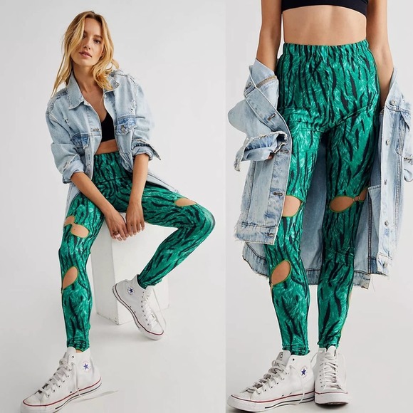 Free People Pants - NEW Free People x Kim Shui Green Stripe Cutout Leggings